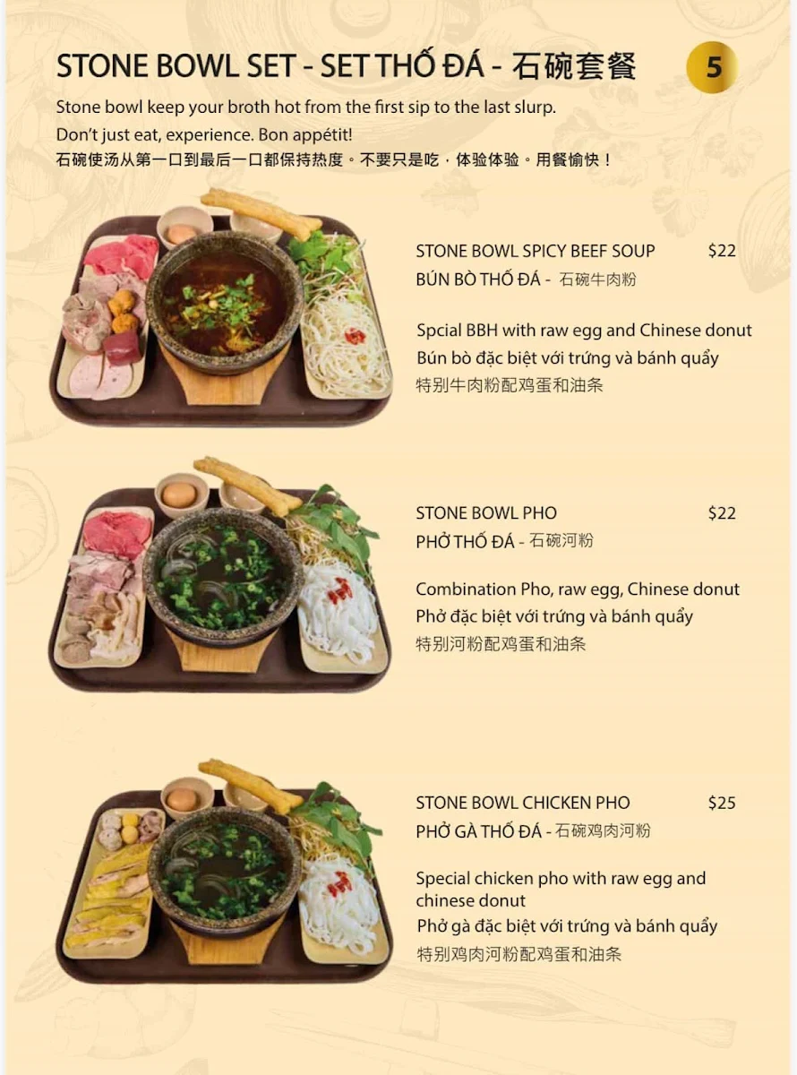 Menu, Pho Nho Clayton