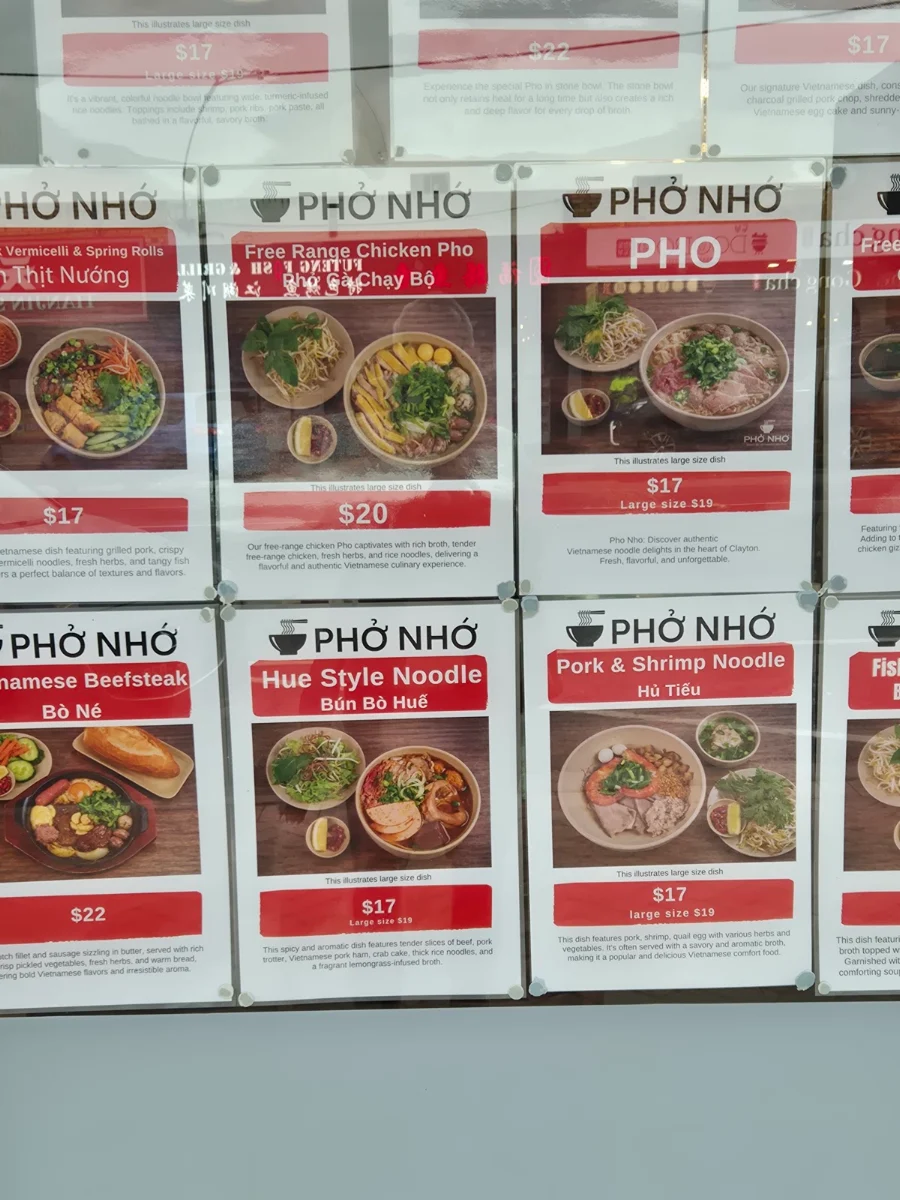 Menu, Pho Nho Clayton