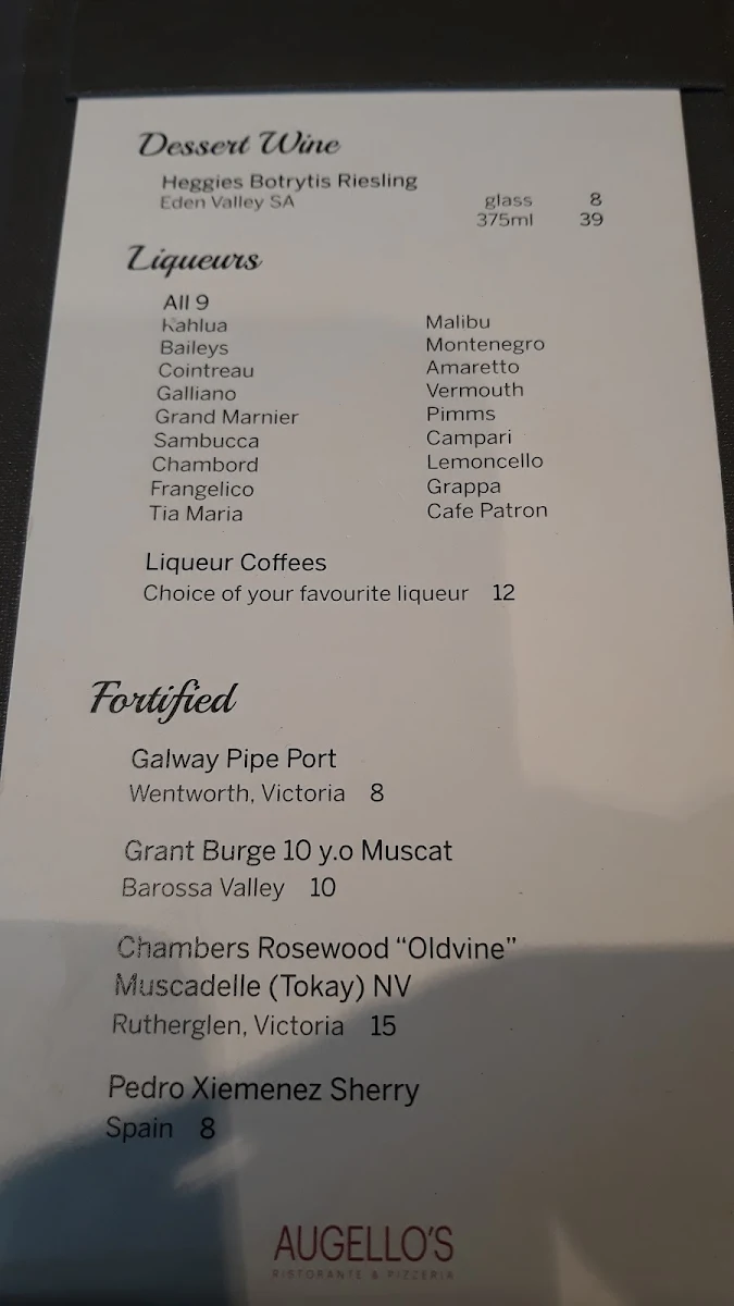 Menu, Augello's Balwyn Ristorante & Pizzeria
