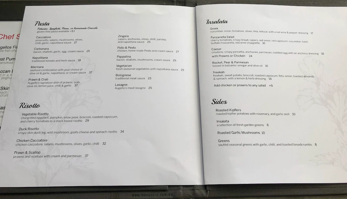 Menu, Augello's Balwyn Ristorante & Pizzeria
