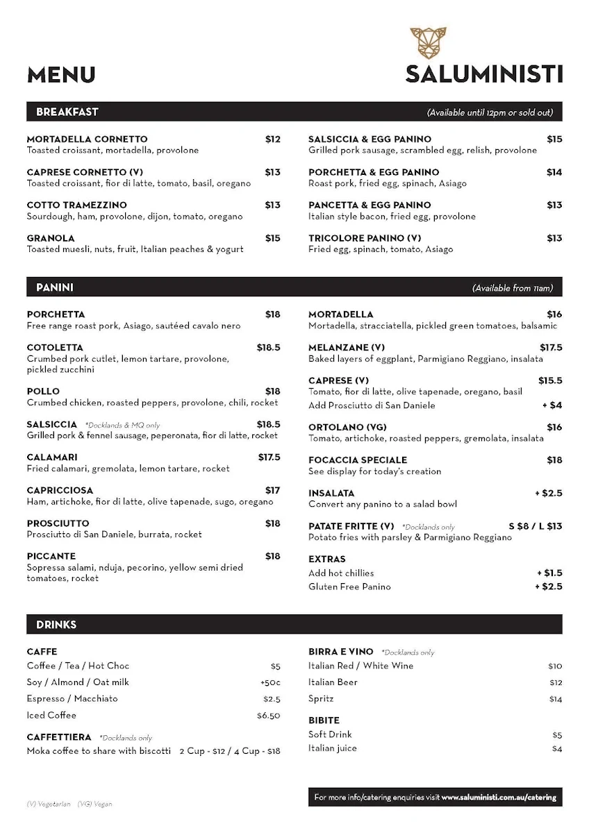 Menu, Saluministi Docklands