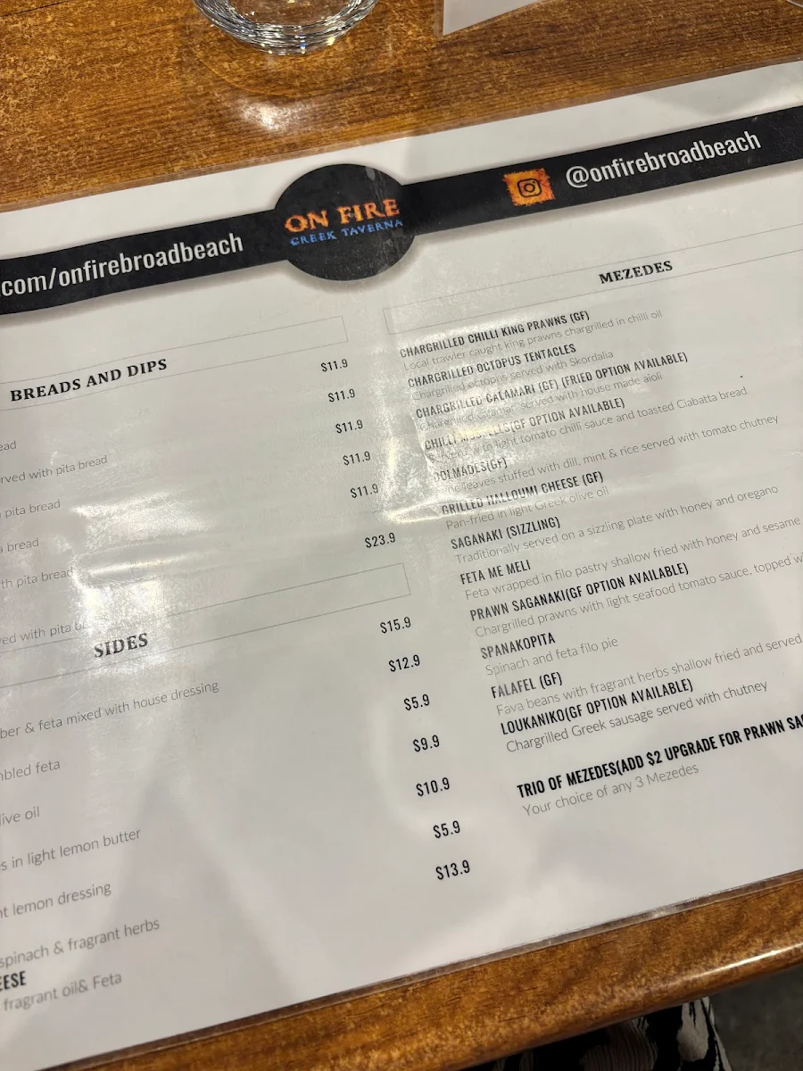 Menu, On Fire Broadbeach Greek Taverna