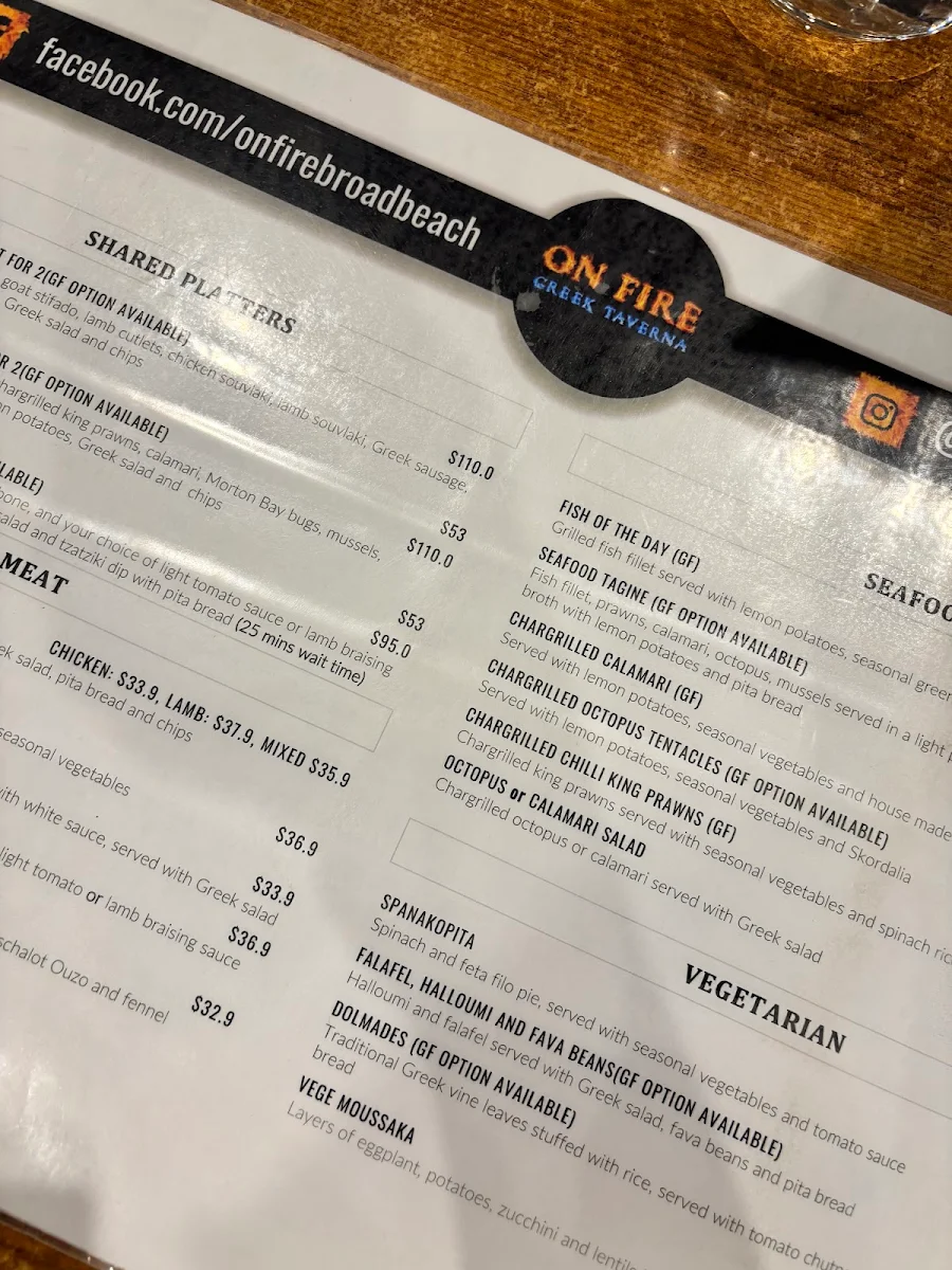 Menu, On Fire Broadbeach Greek Taverna