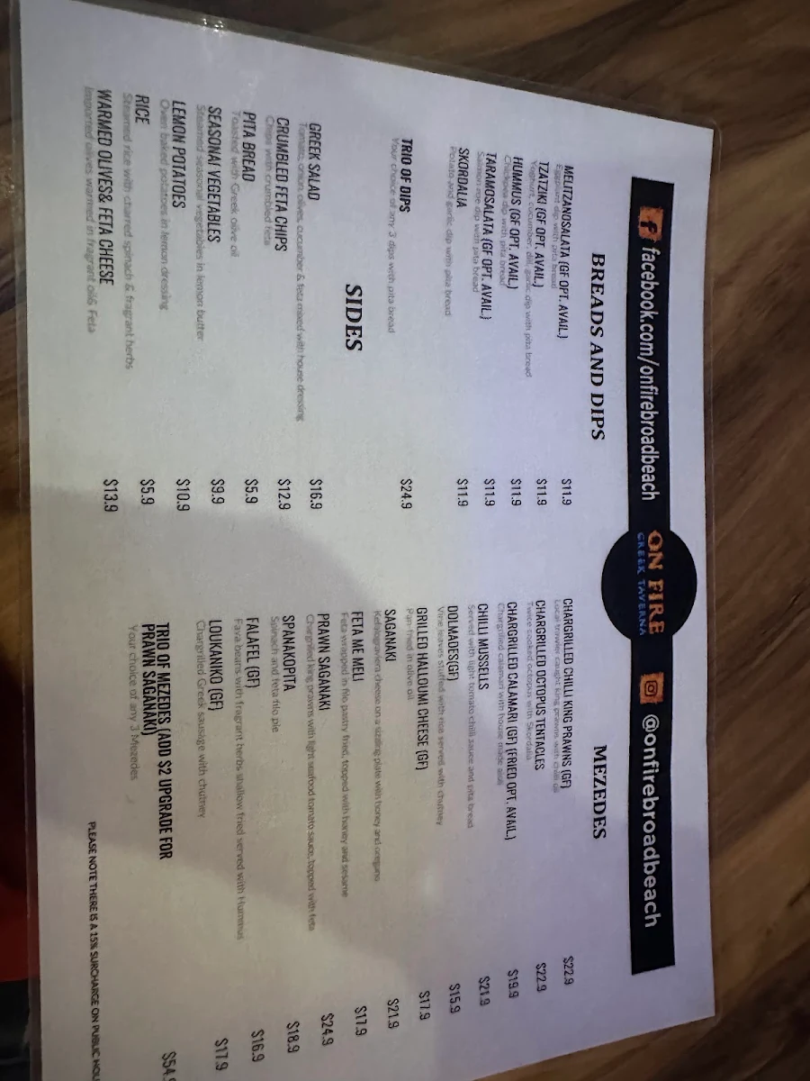Menu, On Fire Broadbeach Greek Taverna