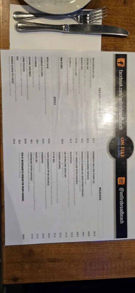 Menu, On Fire Broadbeach Greek Taverna
