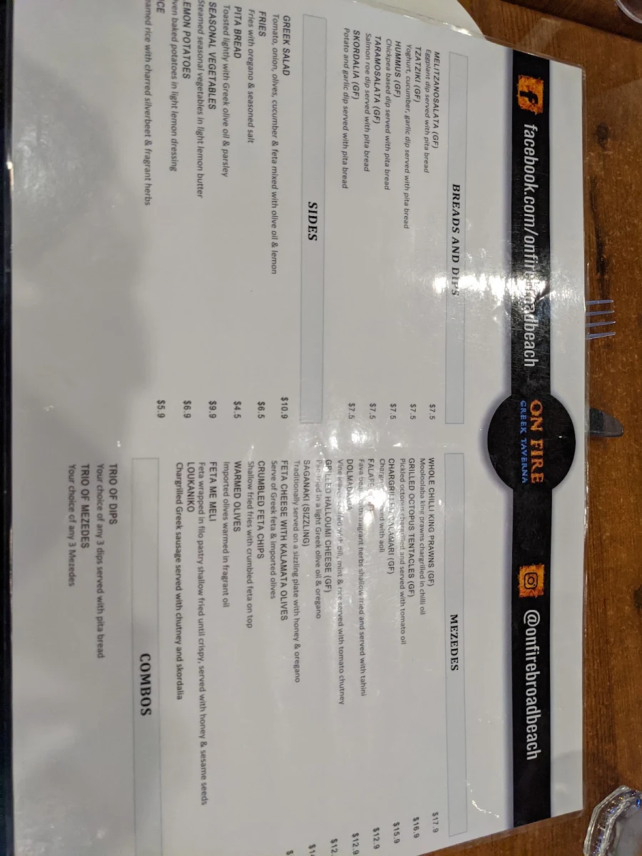 Menu, On Fire Broadbeach Greek Taverna