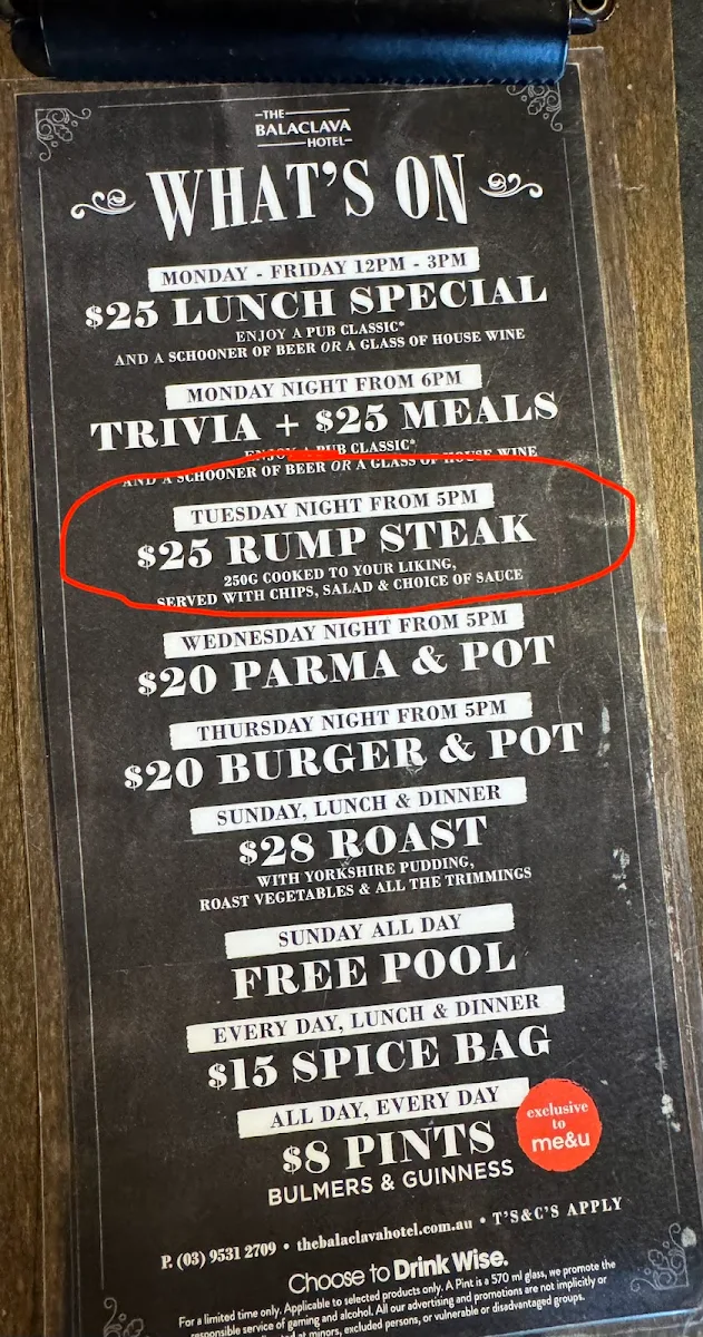 Menu, Balaclava Hotel