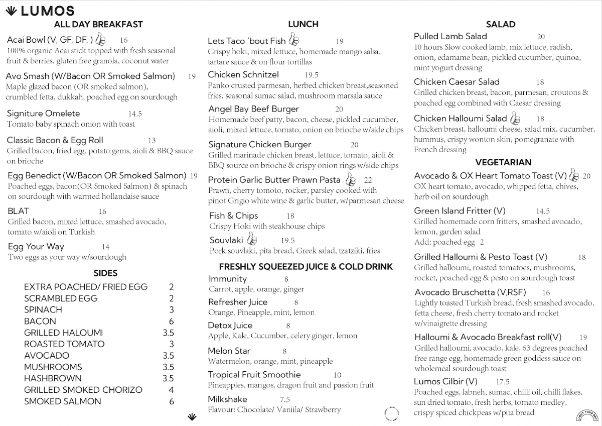 Menu, Lumos One Denison
