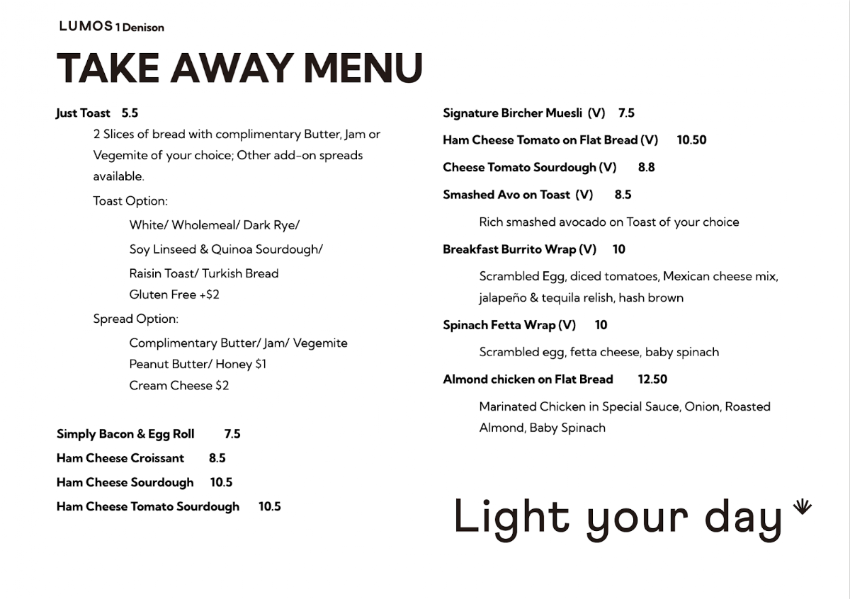 Menu, Lumos One Denison