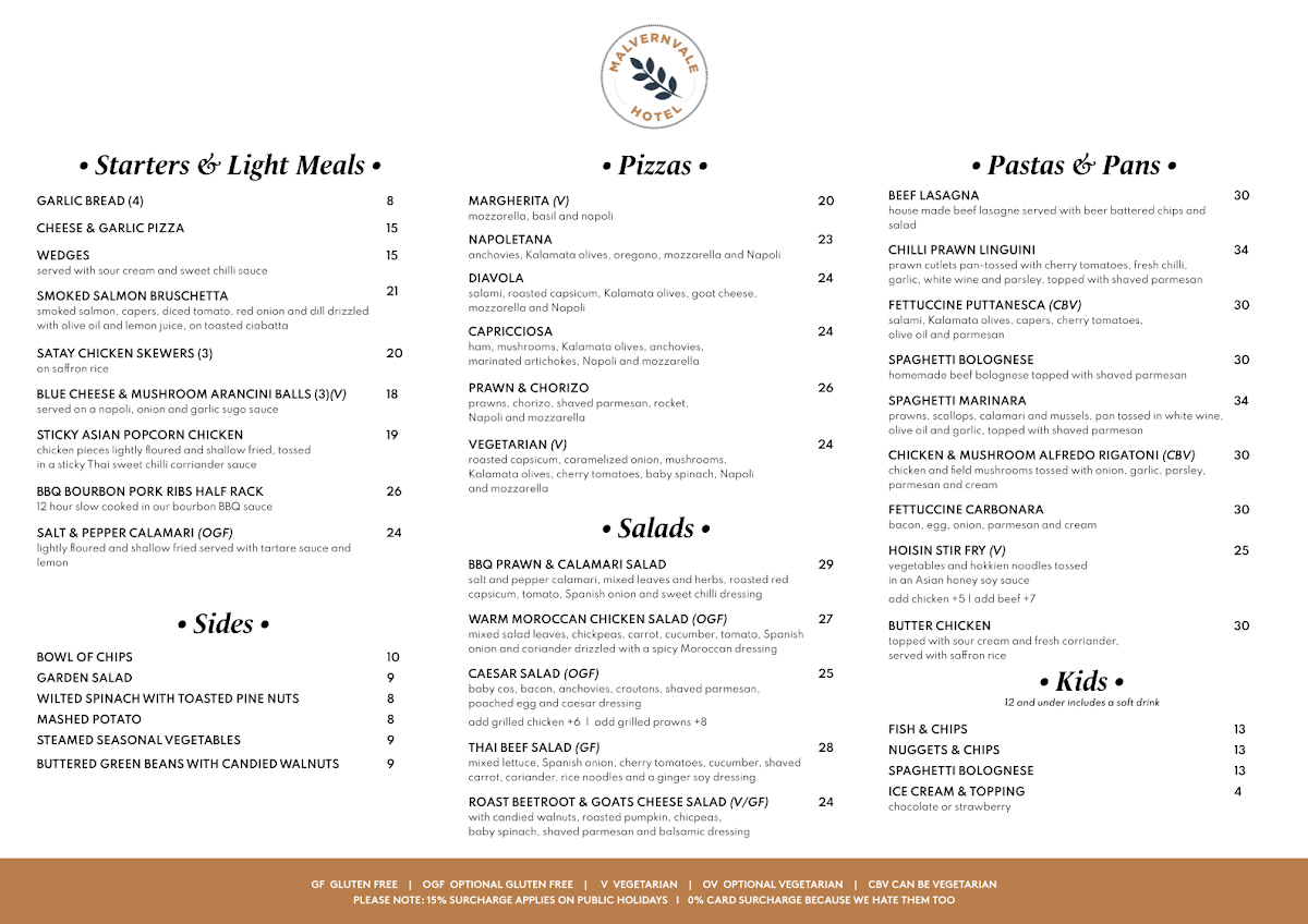 Menu, Malvernvale Hotel