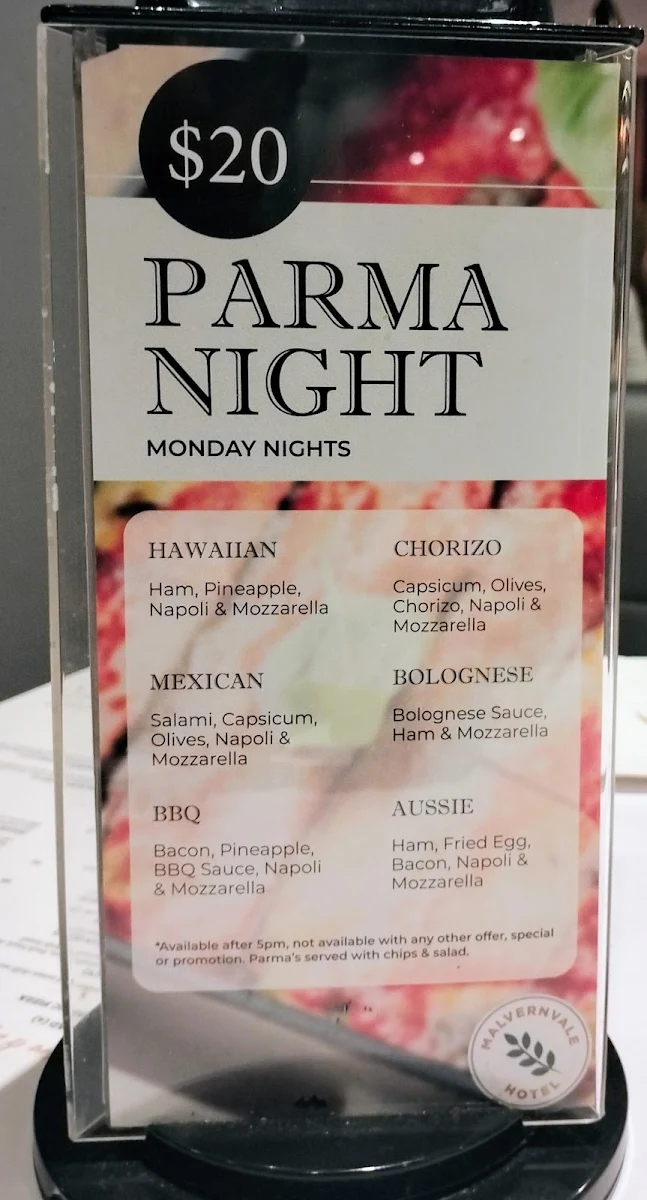 Menu, Malvernvale Hotel