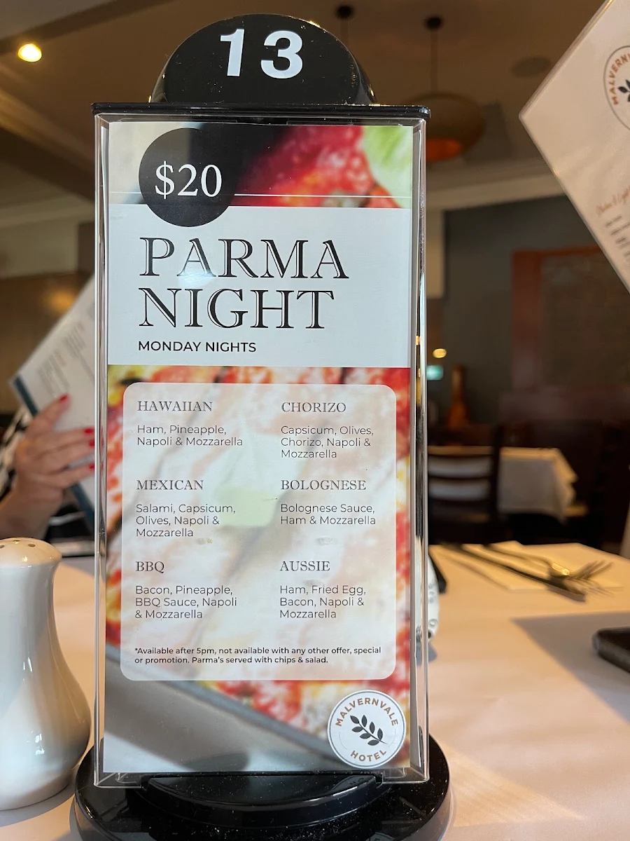 Menu, Malvernvale Hotel