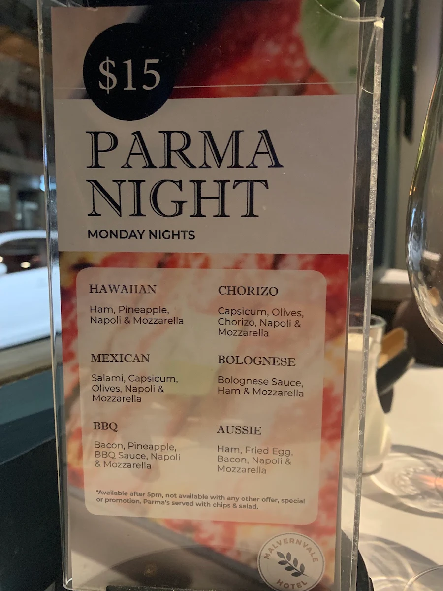 Menu, Malvernvale Hotel