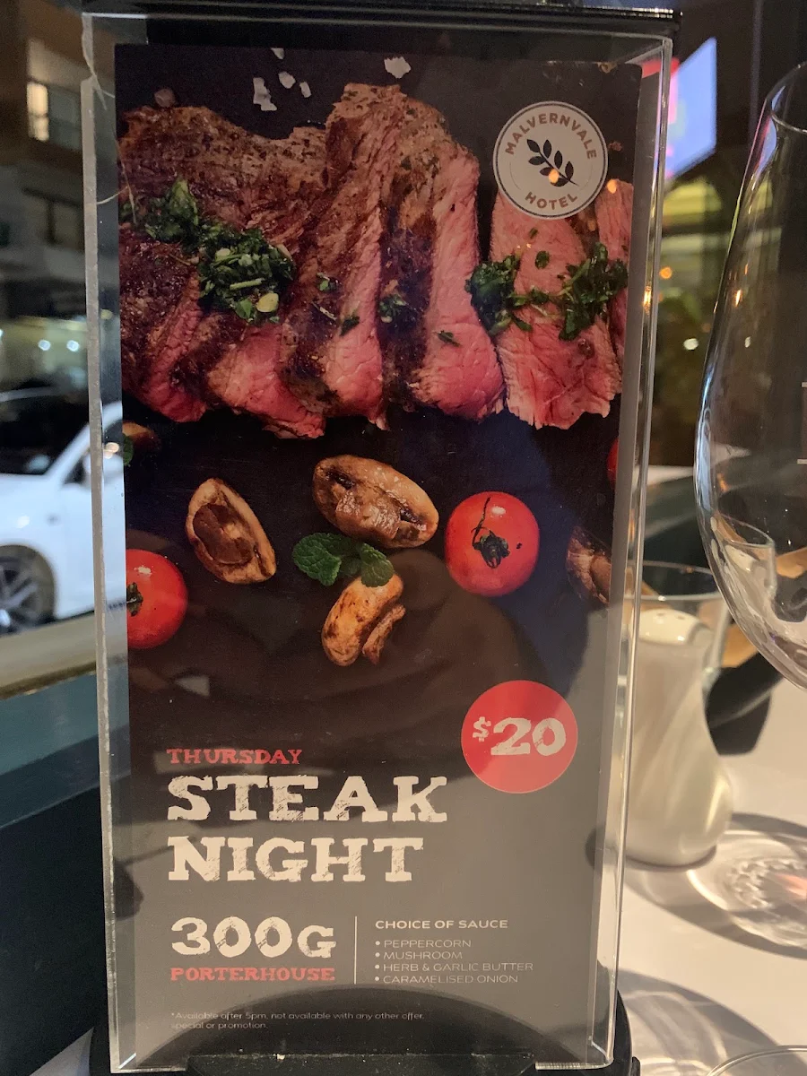 Menu, Malvernvale Hotel