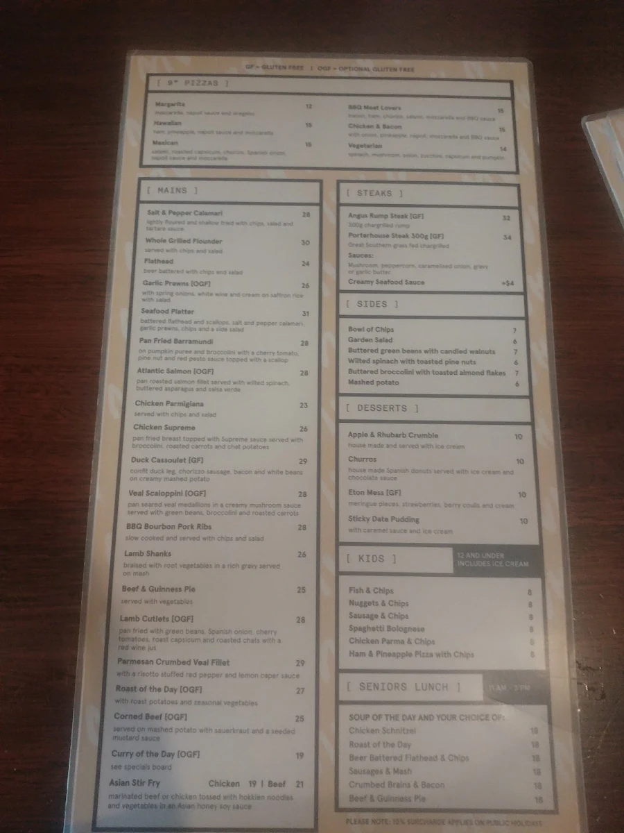 Menu, Malvernvale Hotel