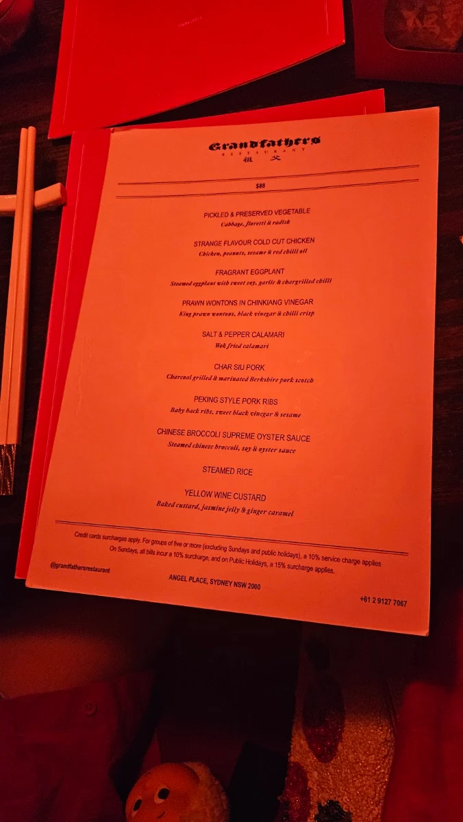 Menu, Grandfather's Restaurant