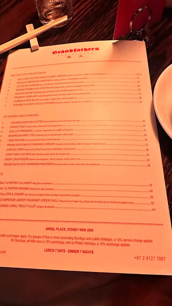 Menu, Grandfather's Restaurant