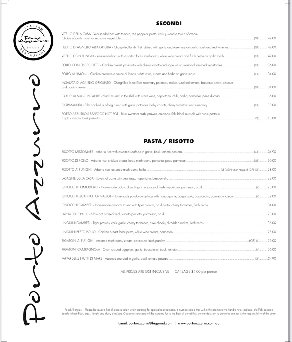 Menu, Porto Azzurro Fingal Bay
