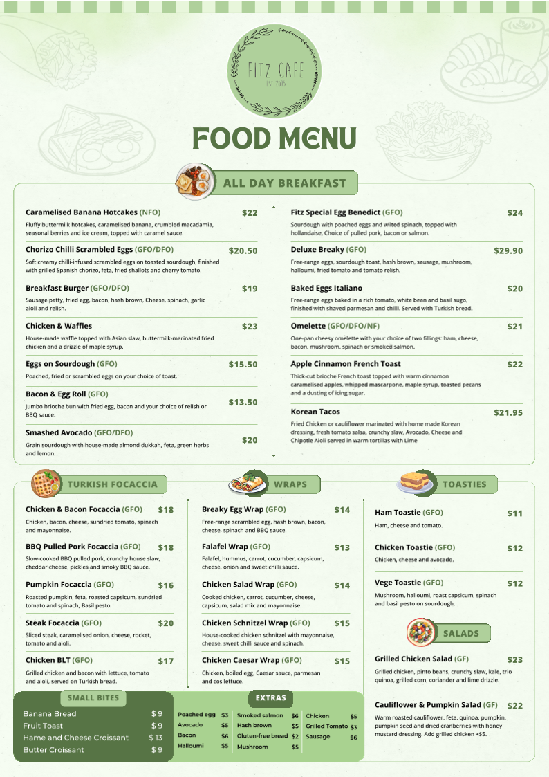 Menu, Fitz Cafe