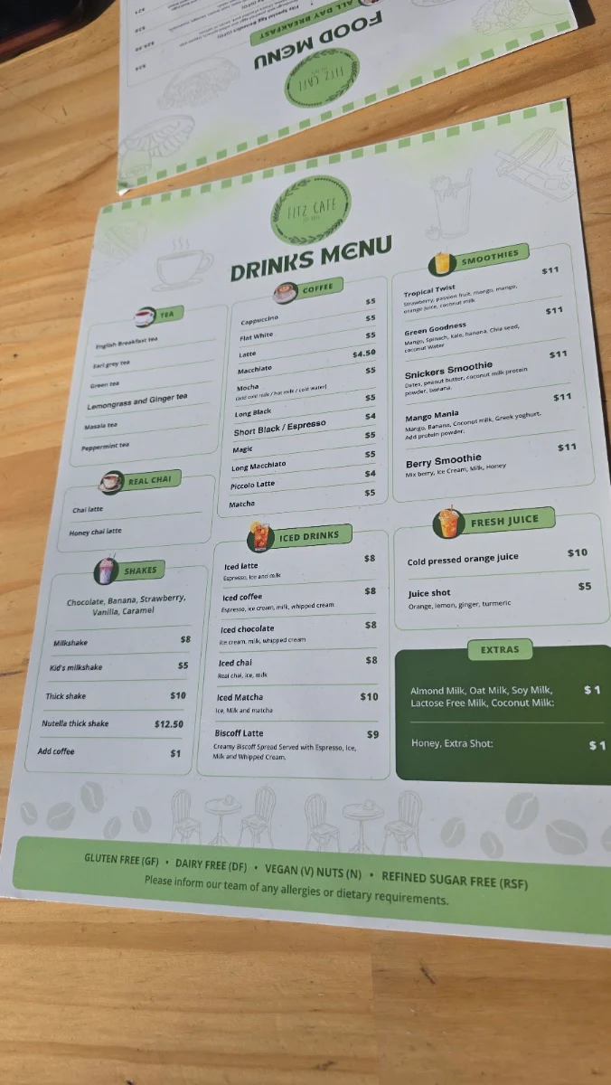 Menu, Fitz Cafe