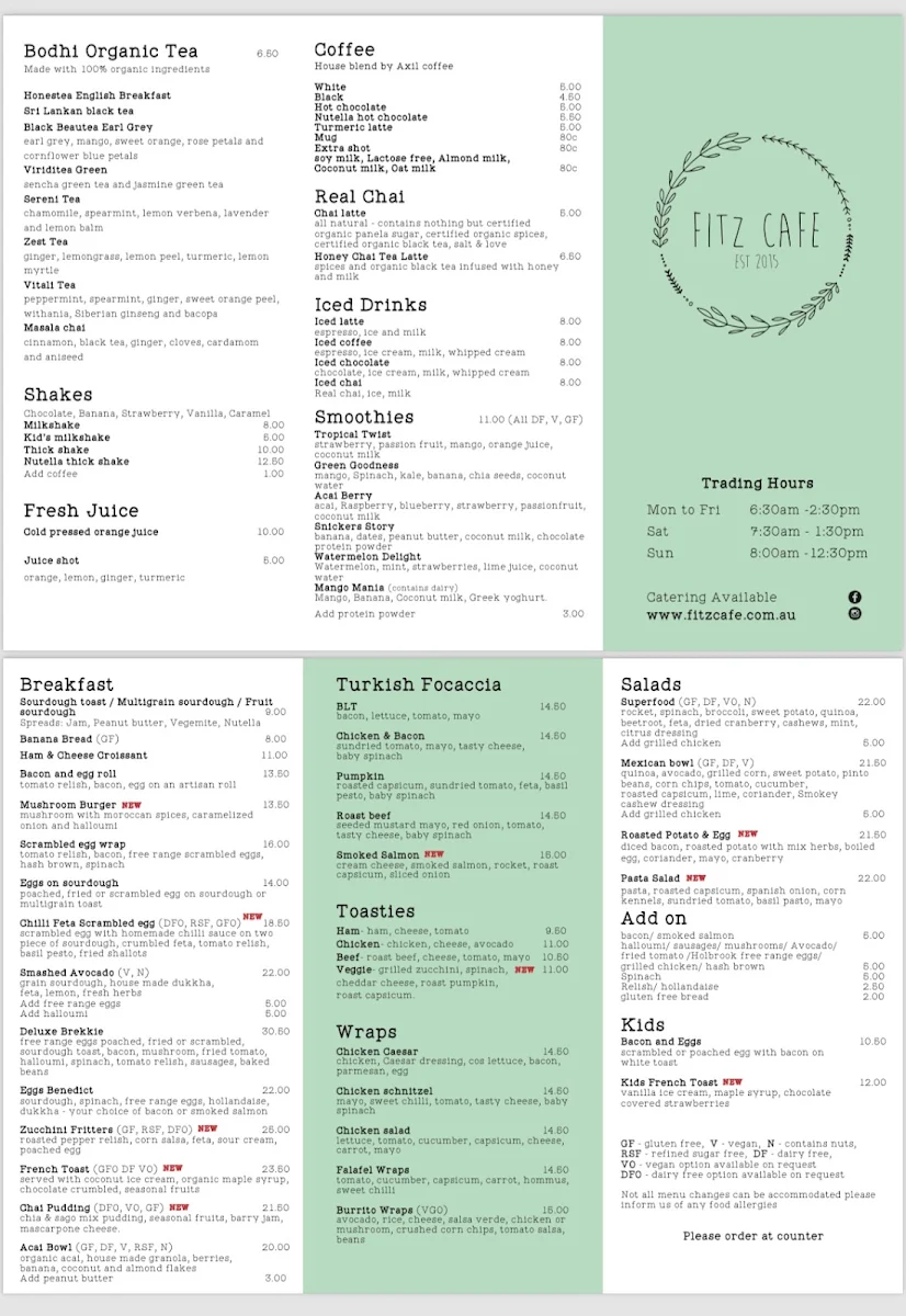 Menu, Fitz Cafe