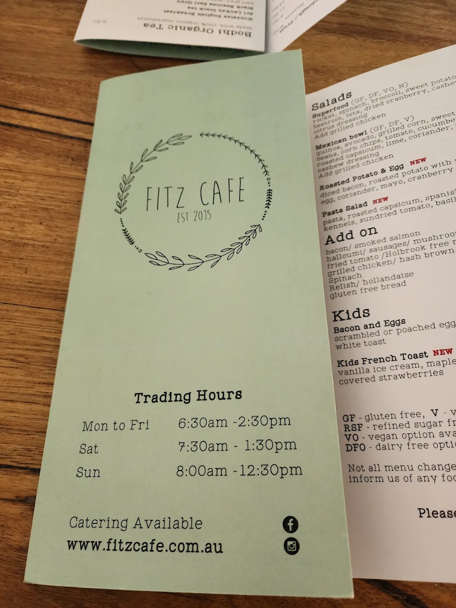 Menu, Fitz Cafe