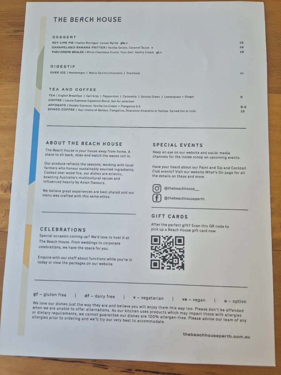 Menu, The Beach House