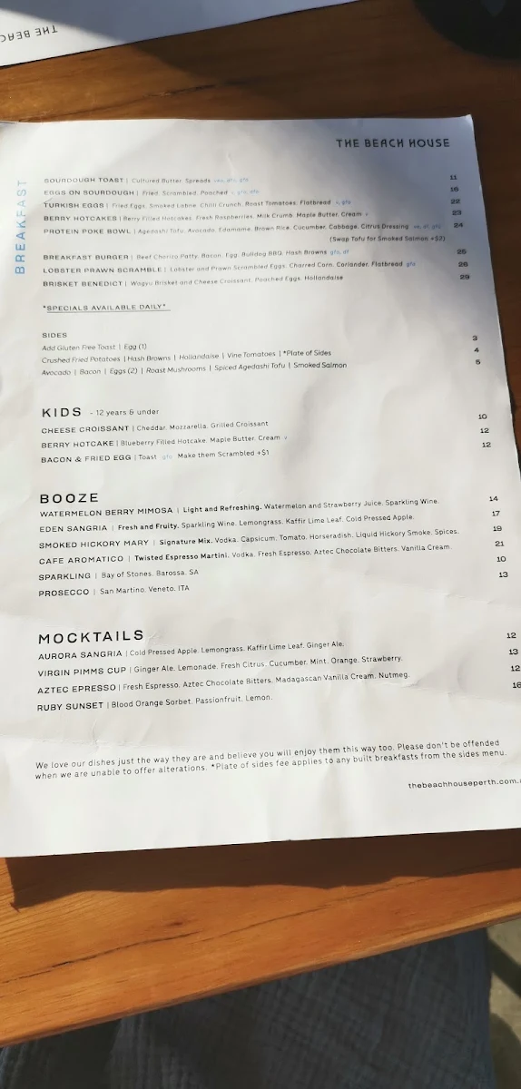Menu, The Beach House