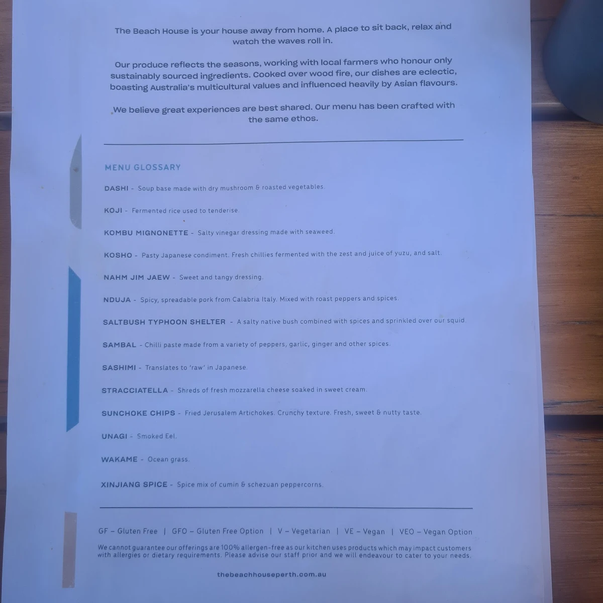 Menu, The Beach House