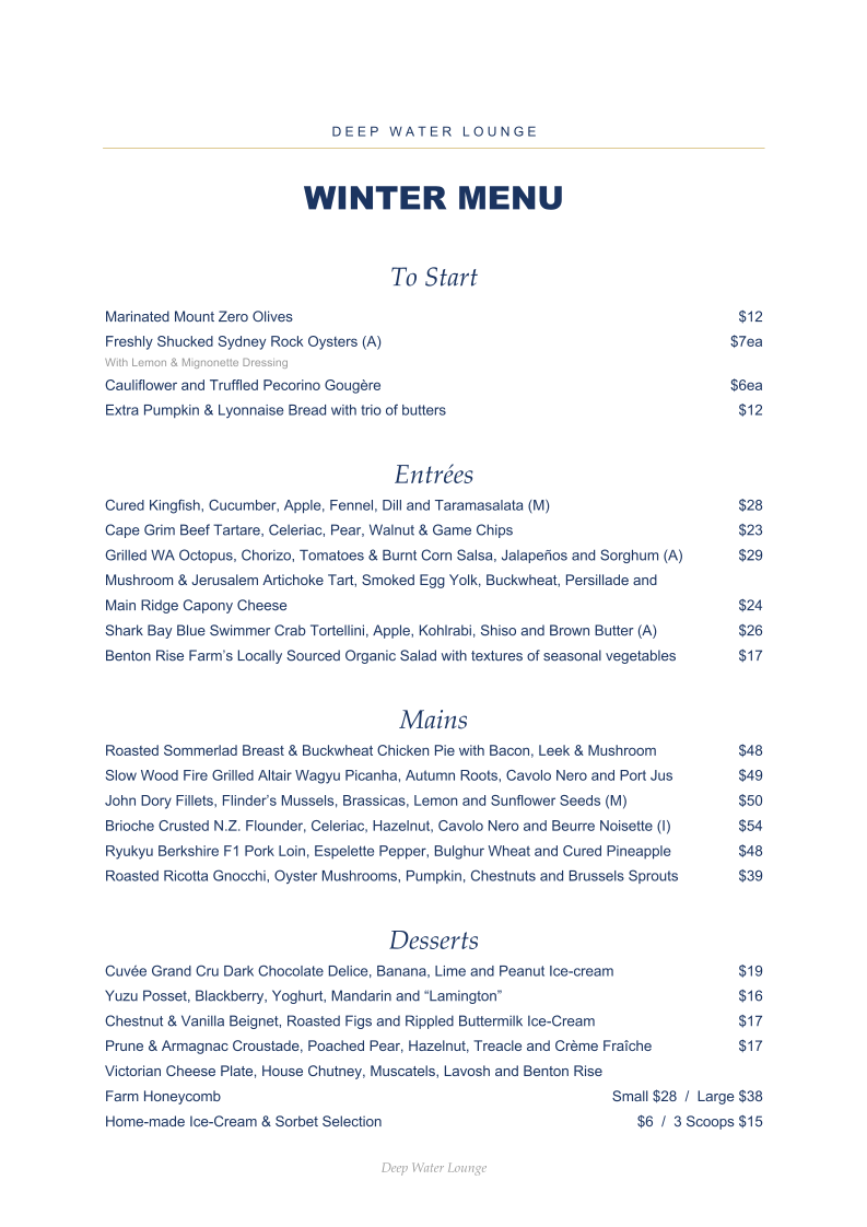 Menu, Deep Water Lounge