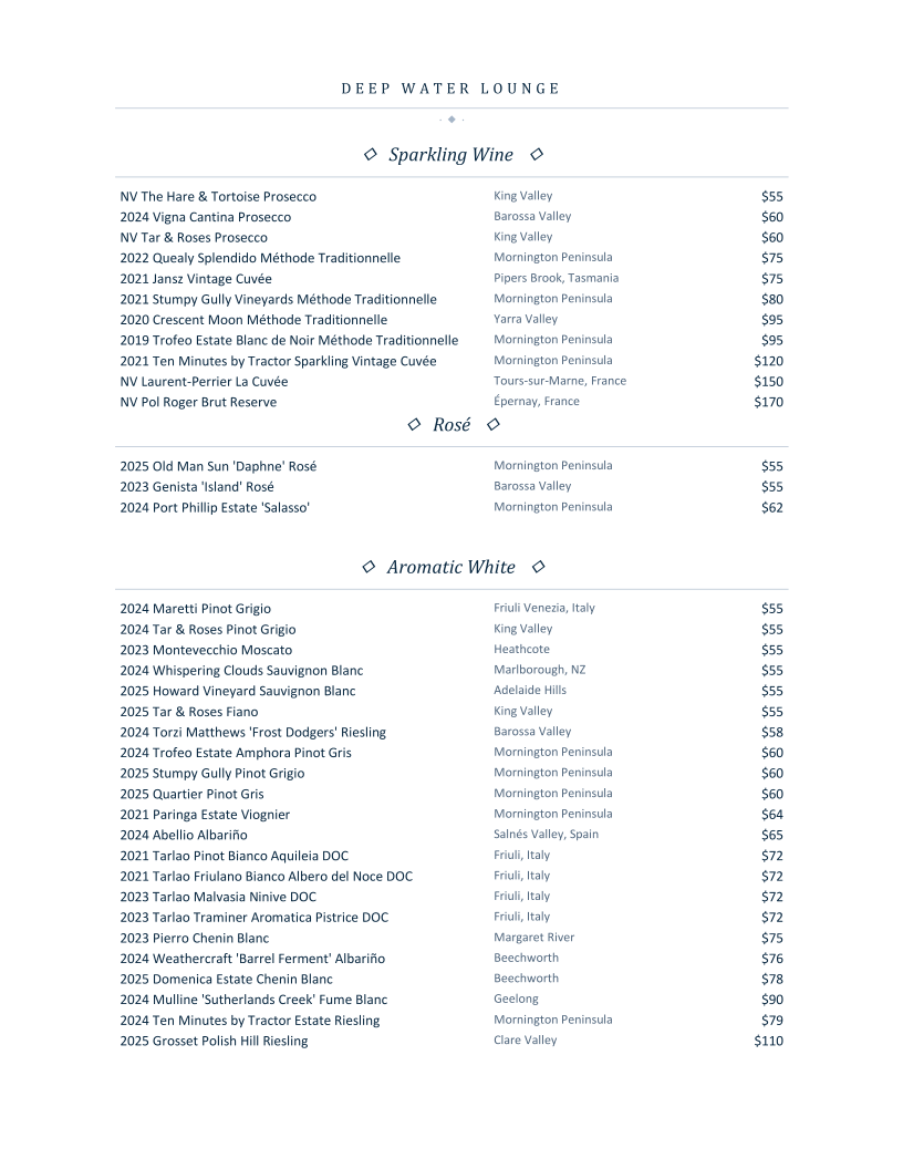 Menu, Deep Water Lounge