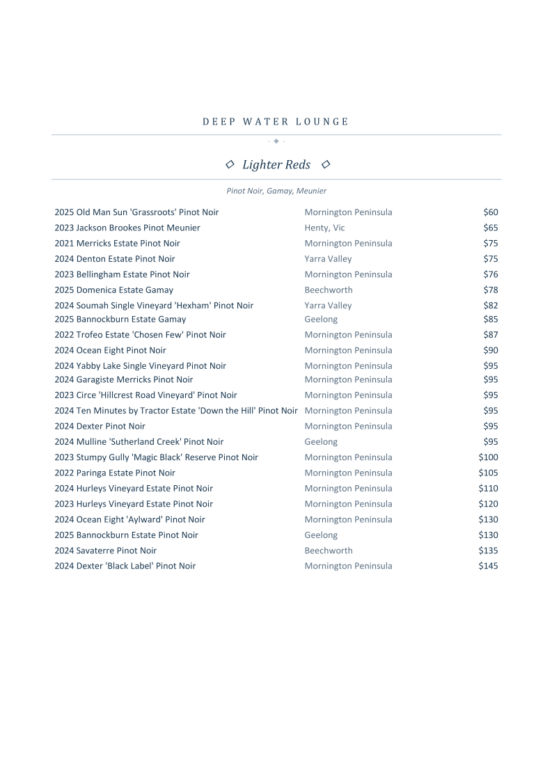 Menu, Deep Water Lounge