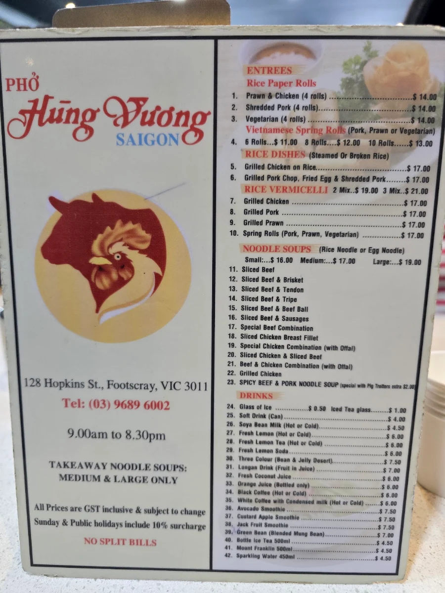 Menu, Pho Hung Vuong Saigon