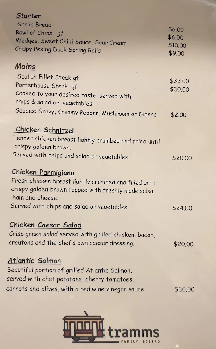 Menu, Tramms Family Bistro