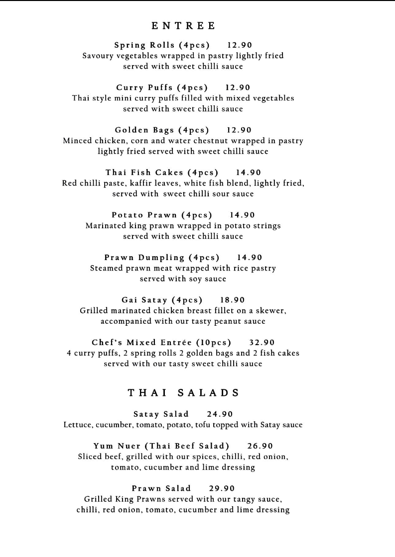 Menu, Blossom Thai