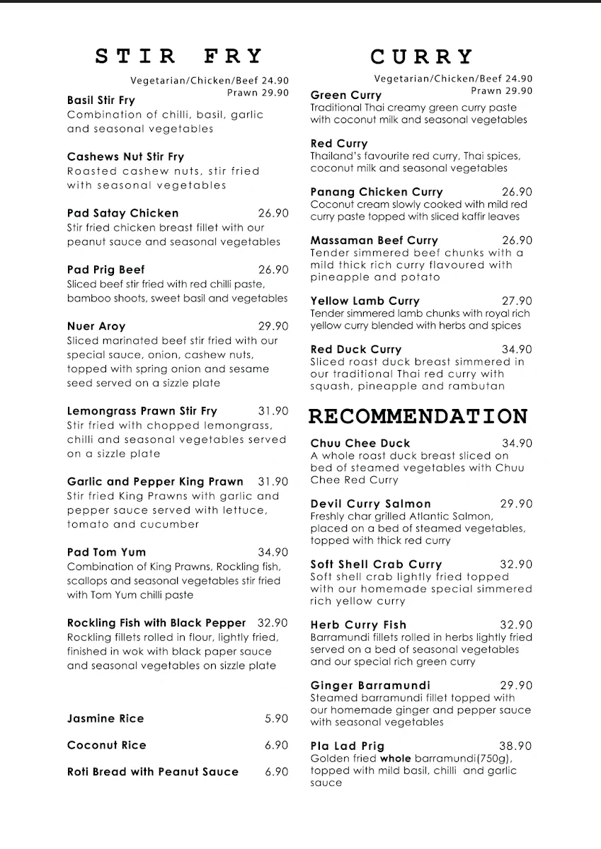 Menu, Blossom Thai