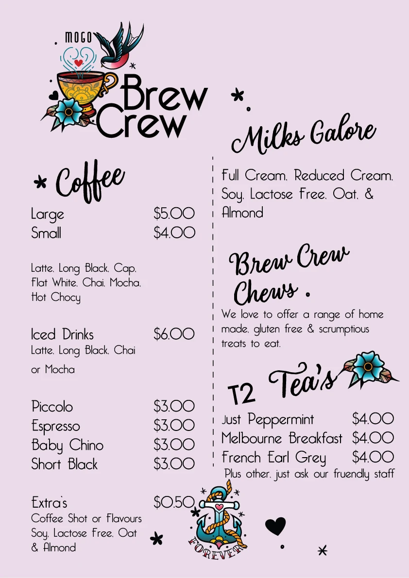 Menu, Mogo Brew Crew