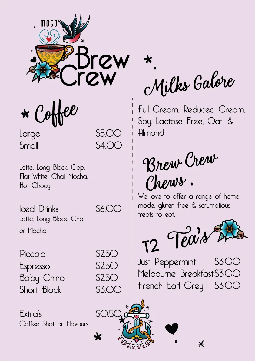 Menu, Mogo Brew Crew