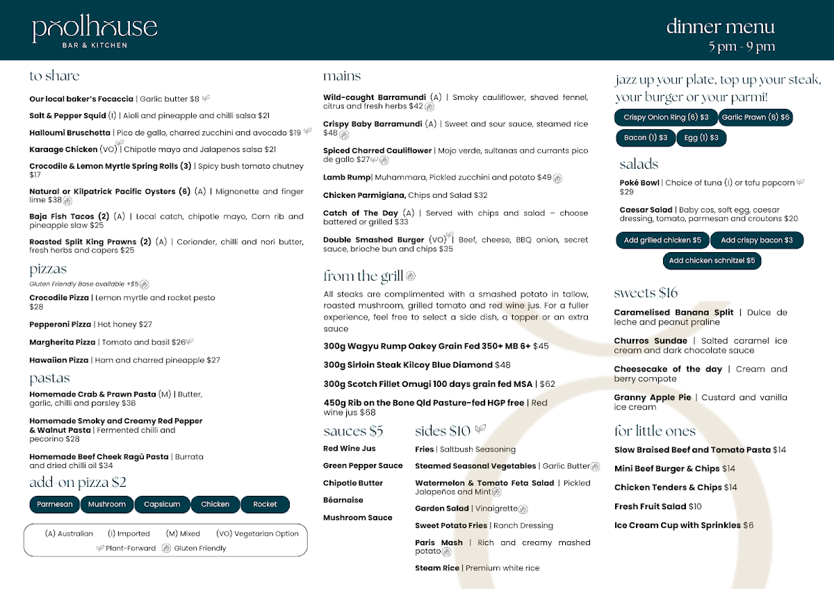 Menu, Poolhouse Bar & Kitchen