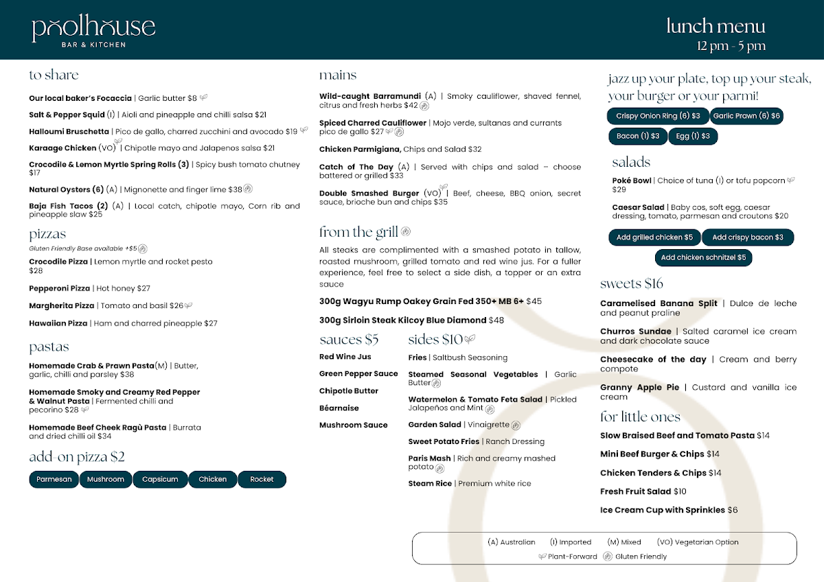 Menu, Poolhouse Bar & Kitchen