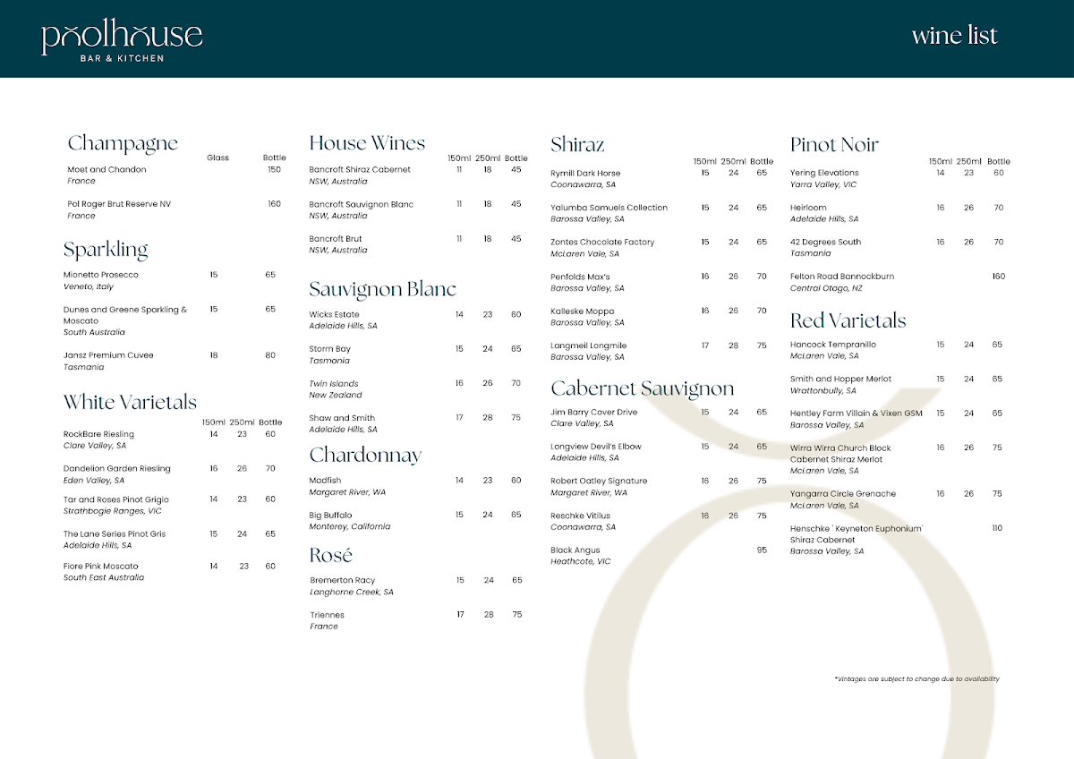 Menu, Poolhouse Bar & Kitchen