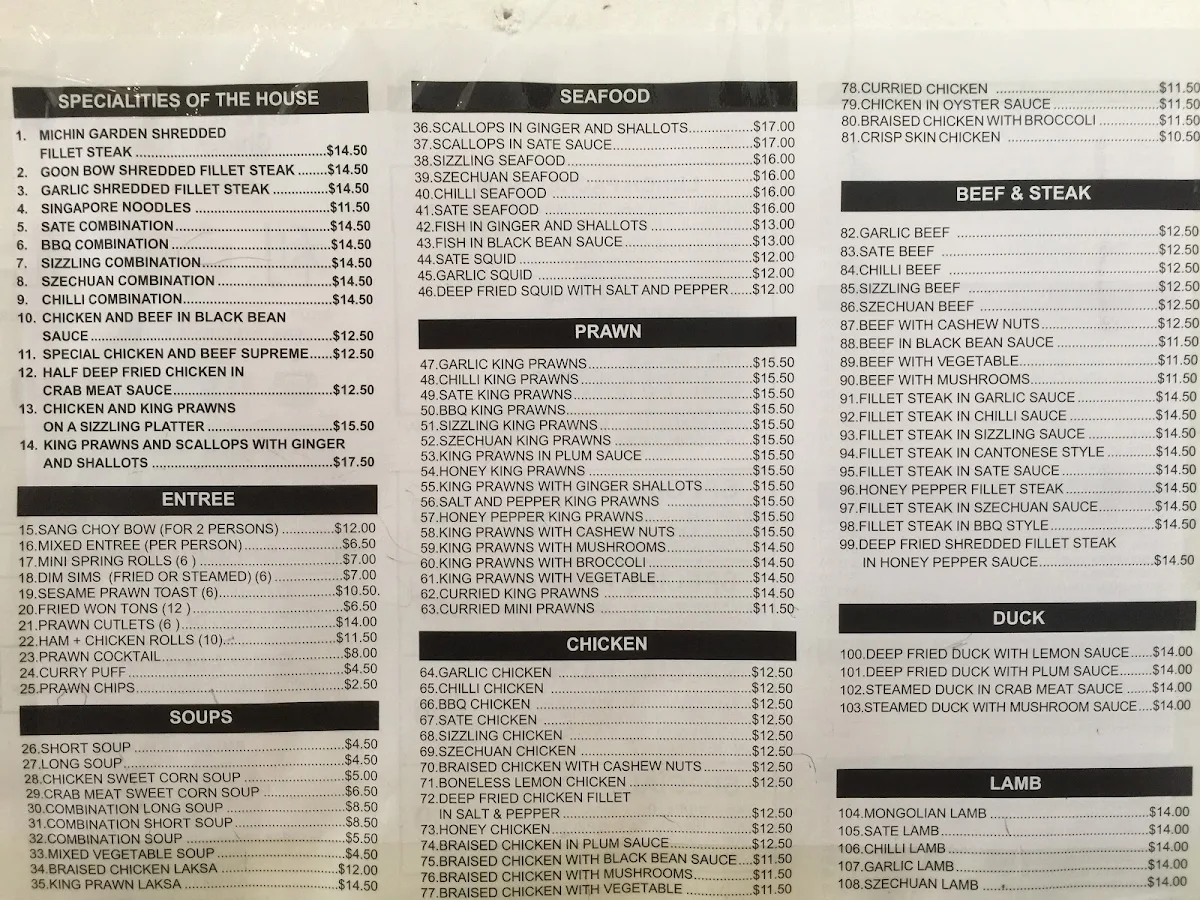 Menu, Minchin Garden Chinese Restaurant