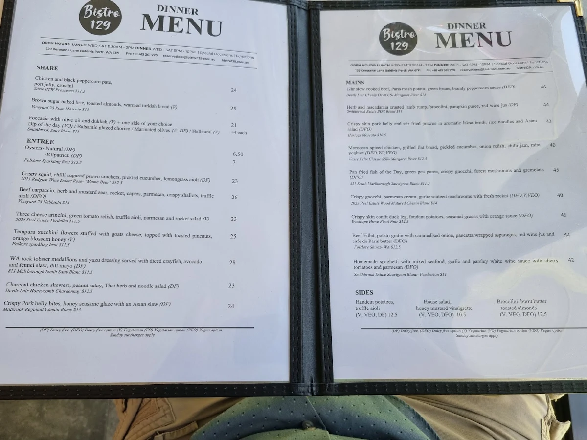 Menu, Bistro129