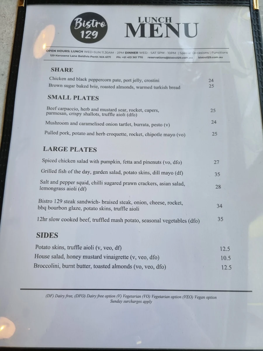 Menu, Bistro129