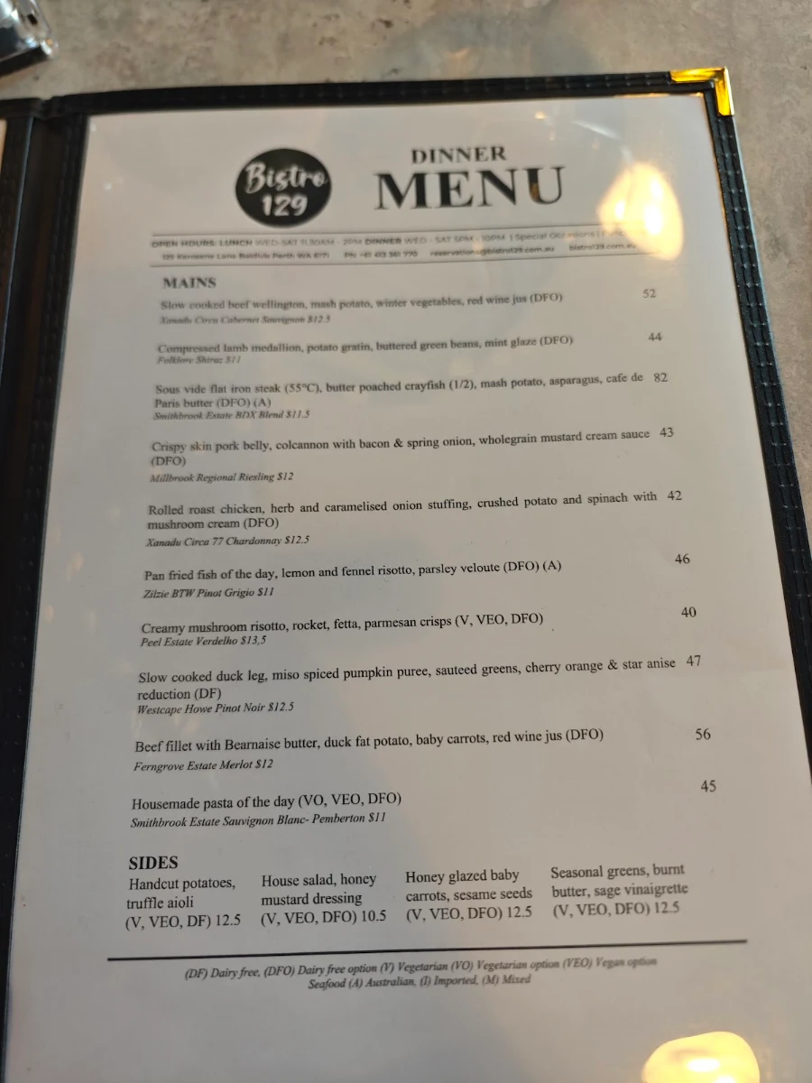 Menu, Bistro129