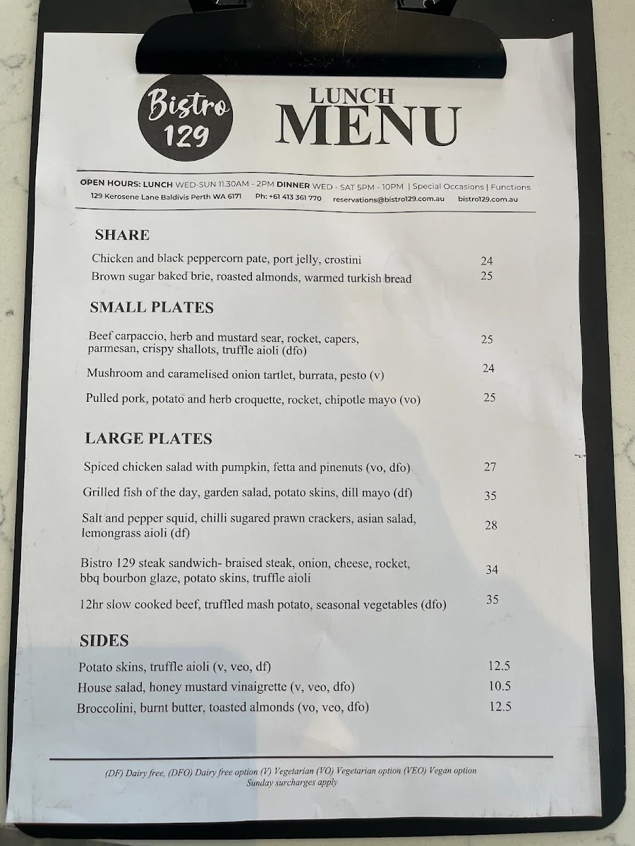 Menu, Bistro129