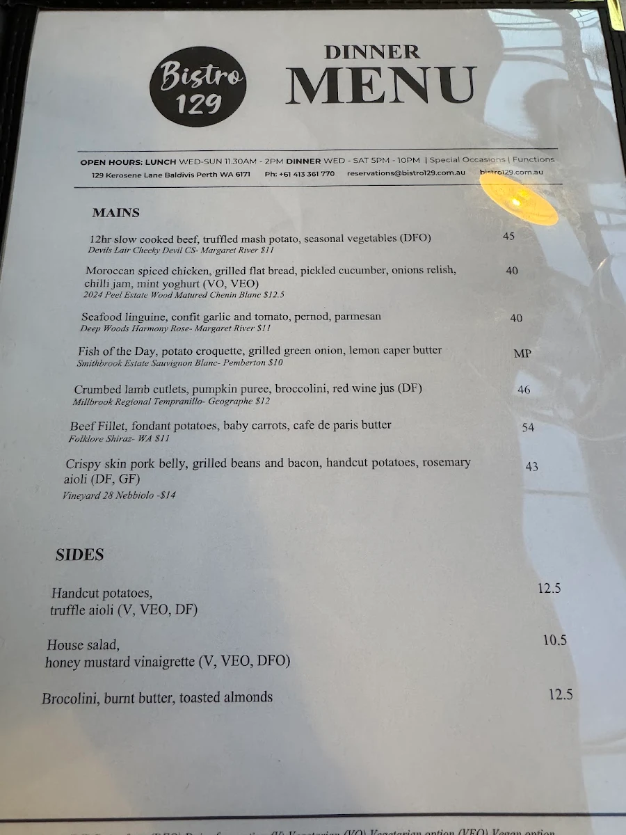 Menu, Bistro129