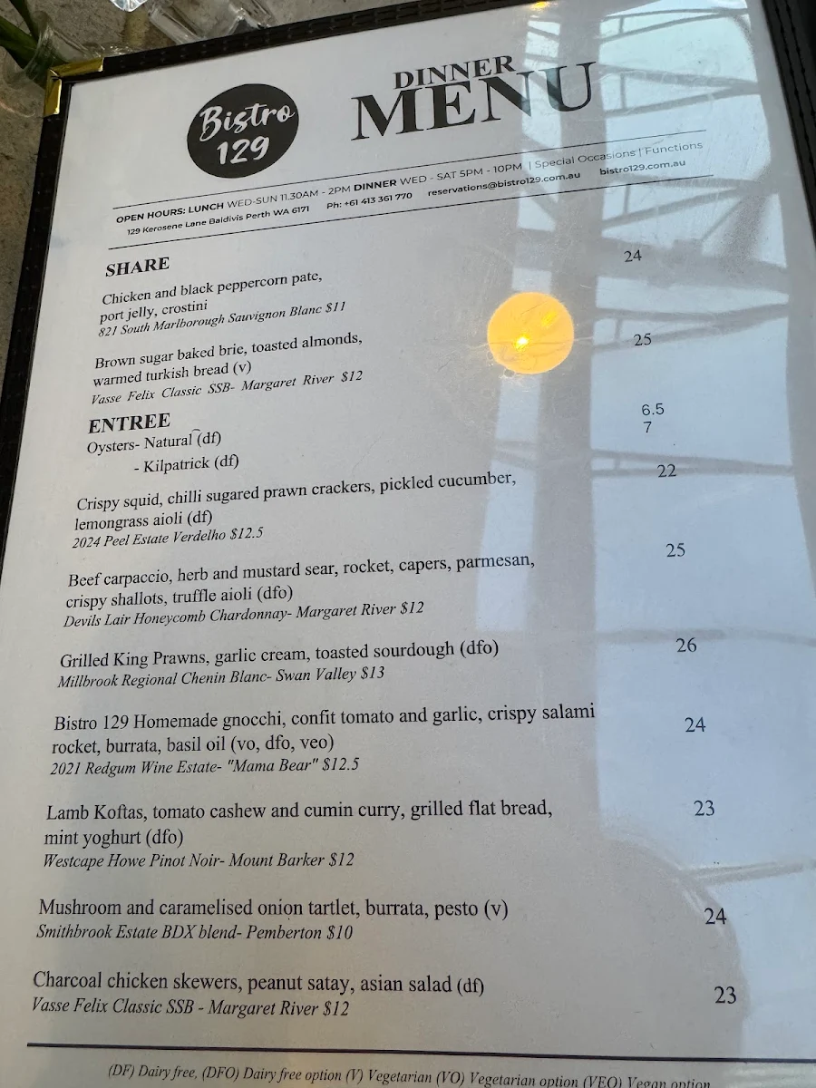 Menu, Bistro129
