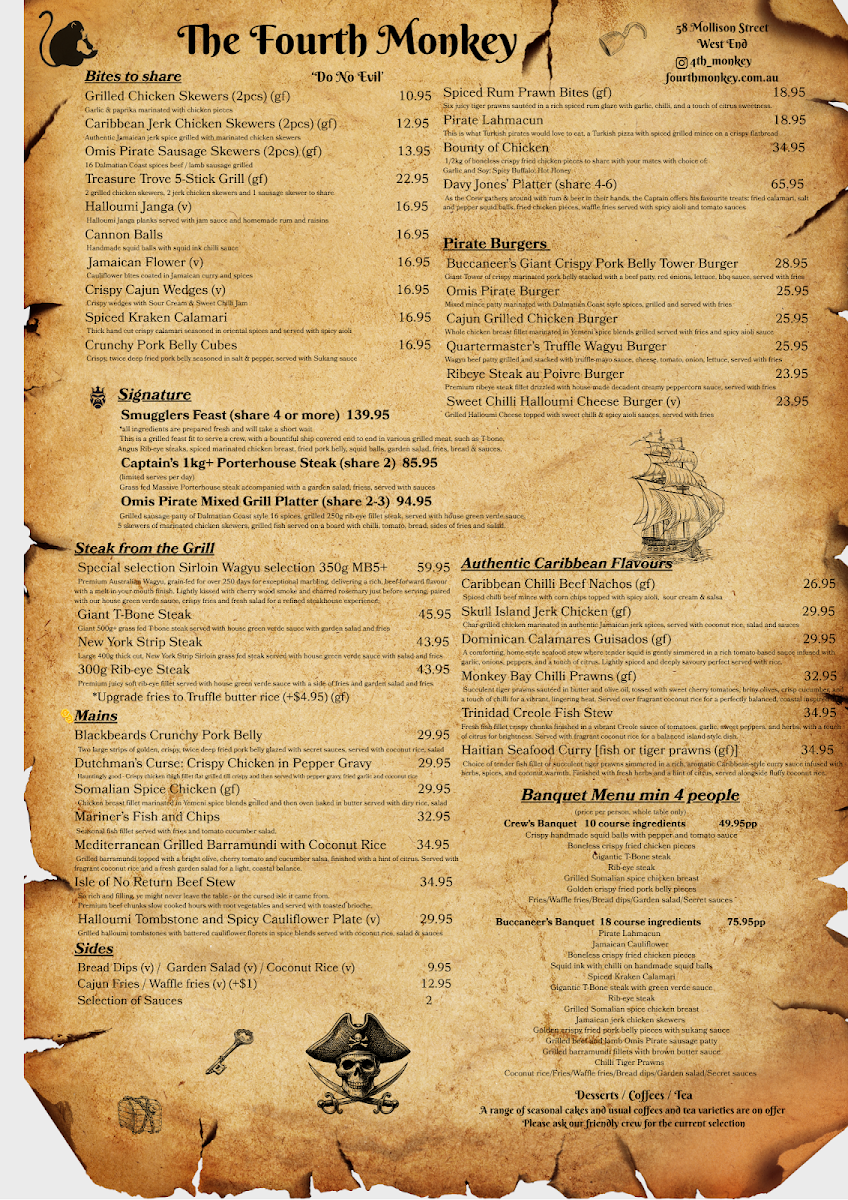Menu, The Fourth Monkey Cocktail Bar & Grill