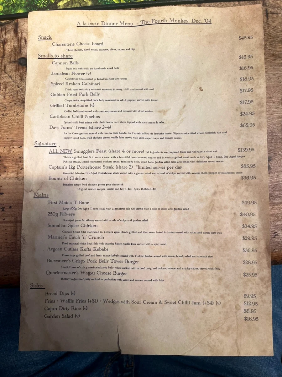 Menu, The Fourth Monkey Cocktail Bar & Grill
